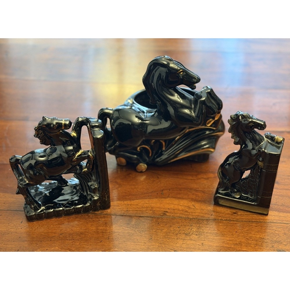 Vintage 1950s MCM Ceramic Black Gold Horse Figurine Bookends 3 Pc Set Redware